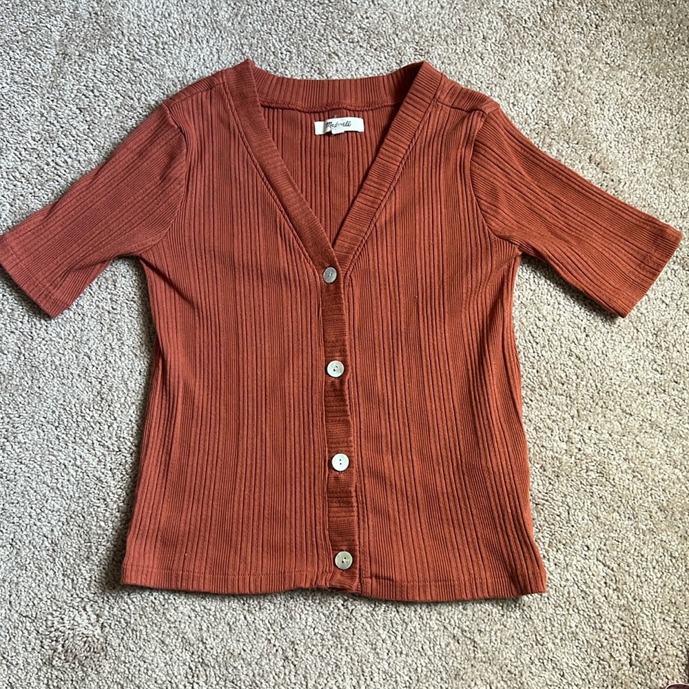 Madewell Rust Ribbed Button-Front Short Sleeve Cardigan